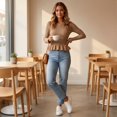 thumbnail image 6 of Women's Crew Neck Ribbed Knit Sweater, Long Sleeve Slim Fit Peplum Ruffle Hem Pullover Tops for Fall Daily Casual Outfits L, 6 of 7