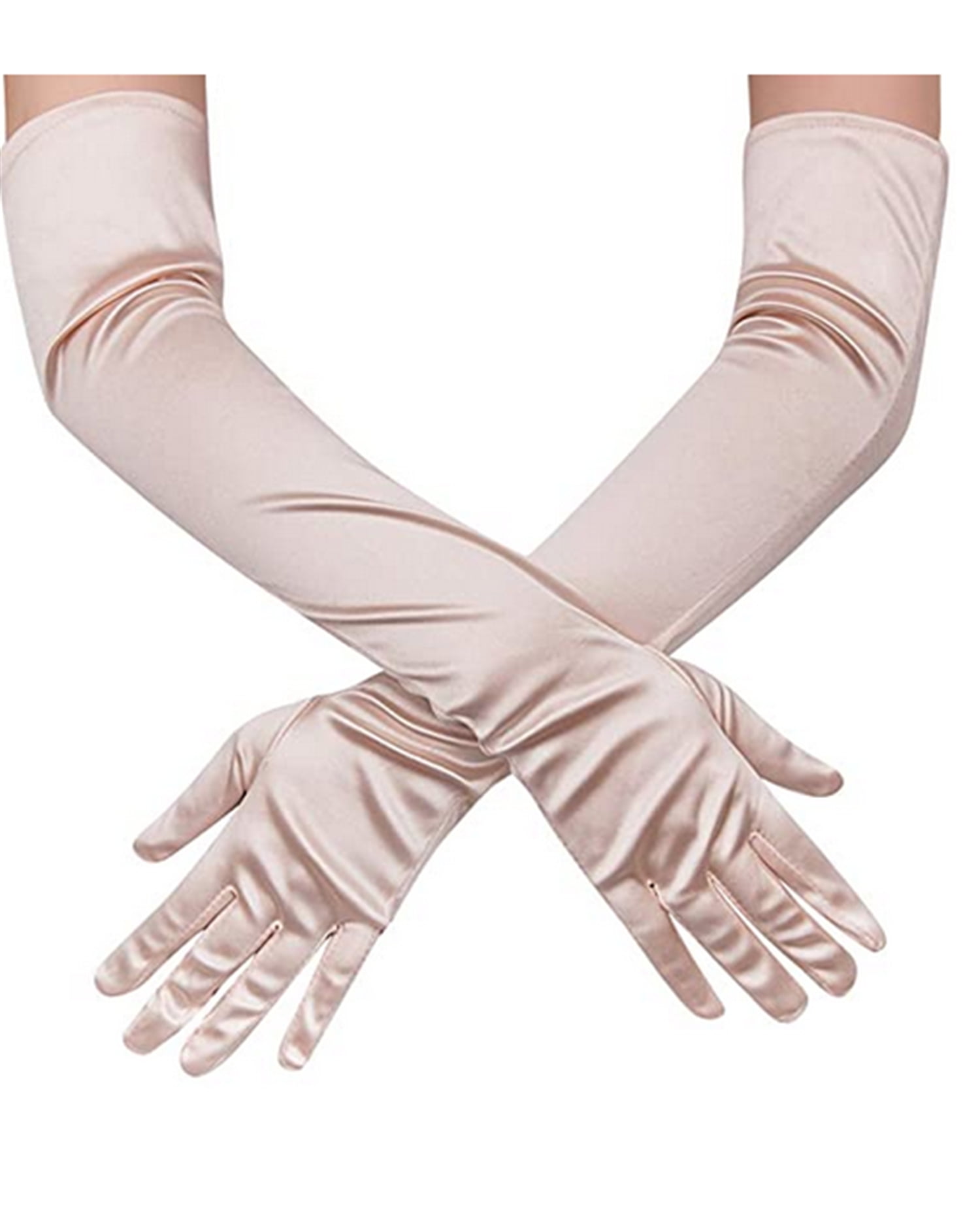 Women's Evening Party Formal Gloves  22" Long Black White Satin Finger Mittens 