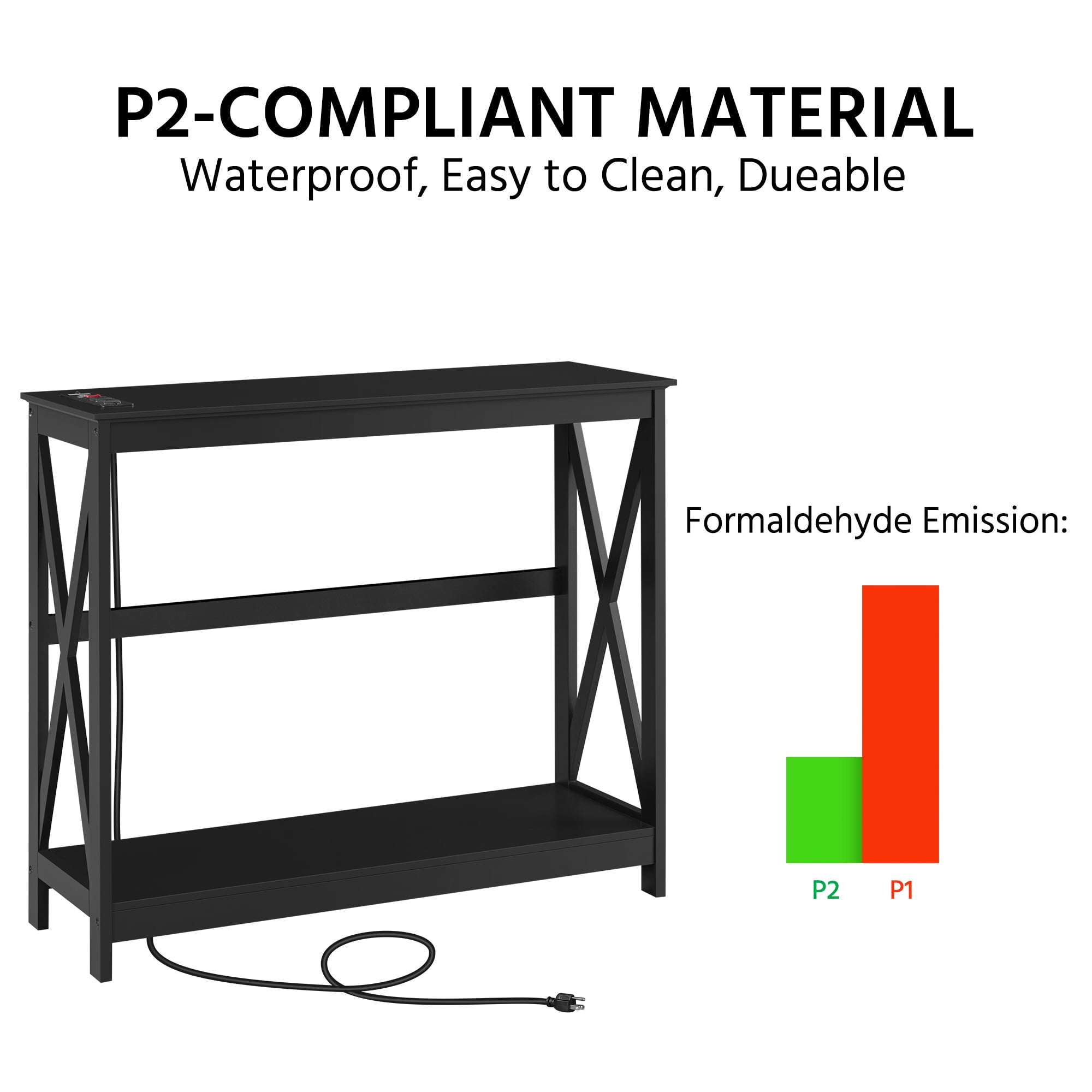 Alden Design 2-Tier Wooden Console Table with Power Outlet for Hallway Living Room, Black
