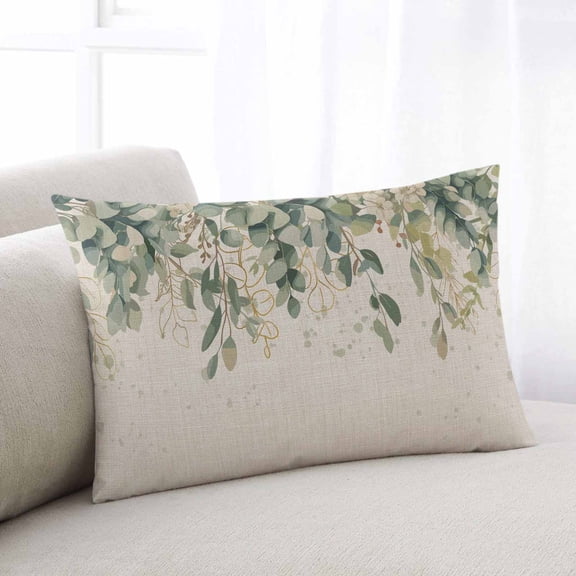 Spring Eucalyptus Throw Pillow Covers, Summer Botanical Leaves Beige Watercolor Soft Breathable Pillow Cases with Invisible Zipper, Toddler Pillowcases for Couch Bed Sofa Chair 12x20 Inches