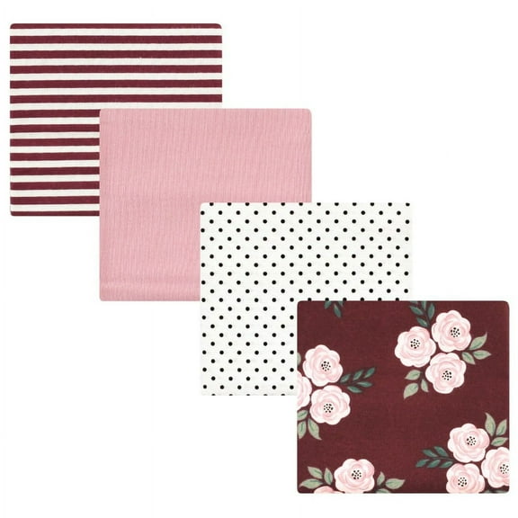 Hudson Baby Infant Girl Cotton Flannel Receiving Blankets, Burgundy Floral, One Size