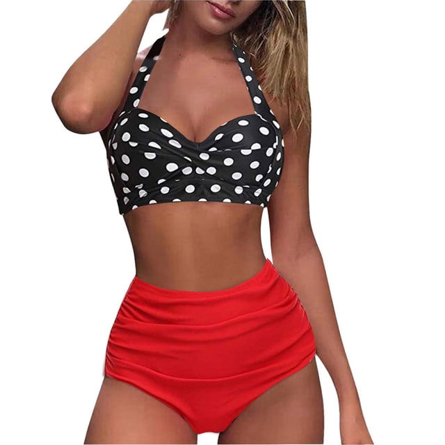 Women Vintage Swimsuit Two Piece Retro Halter Ruched High Waist Print Bikini Set