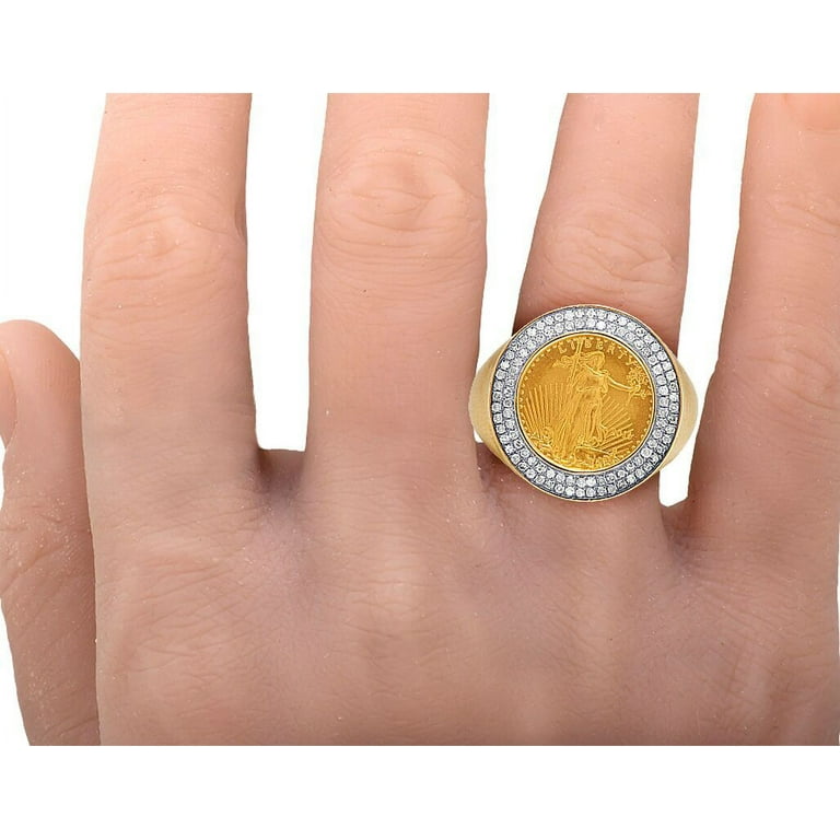 Men's 10K Yellow Gold 1/10 Oz Lady Liberty Coin Diamond Ring