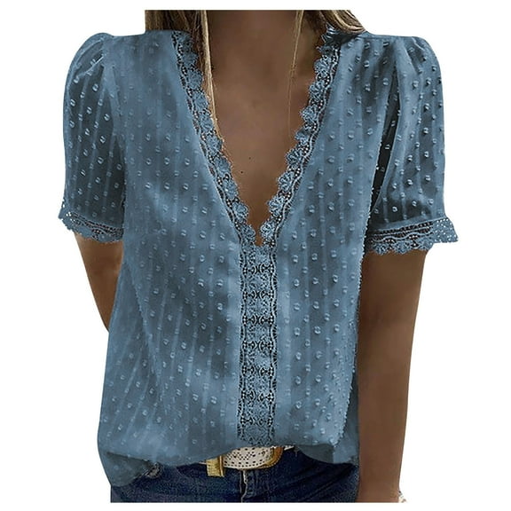 USSUMA Womens Summer Tops Plus Size Lace Trim T-Shirts for Women Trendy Swiss Dot Womens Blouses and Tops Dressy Short Sleeve V Neck Tunic Plus Size Shirts for Women