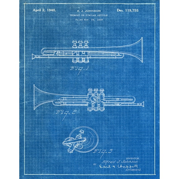 Original Trumpet Artwork Submitted In 1940 - Music - Patent Art Print