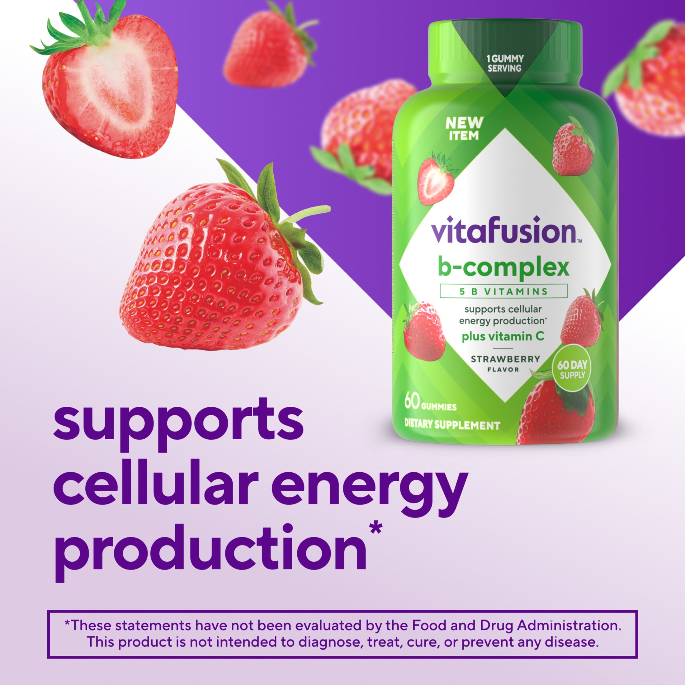 (3 pack) vitafusion B-Complex Gummy Dietary Supplements, with 5 B Vitamins to Support Cellular Energy Production (1), plus Vitamin C, Strawberry Flavor, 60 Count