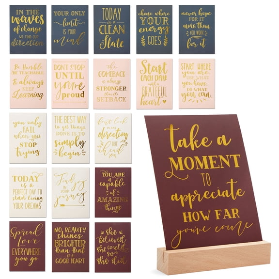 Paper Junkie Inspirational Cards & Daily Motivational Quotes for Office Desk Accessories, Motivational Desk Decor & Cubicle Decor - 20 Pack 5 x 7 Inch Multi-Color Cardstock & Wooden Stand