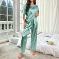 thumbnail image 2 of AOMPMSDX Womens Satin Silky Pajama Set Short Sleeve Shirt With Long Pajama Pant Set Soft PJ Loungewear Light Green L, 2 of 7