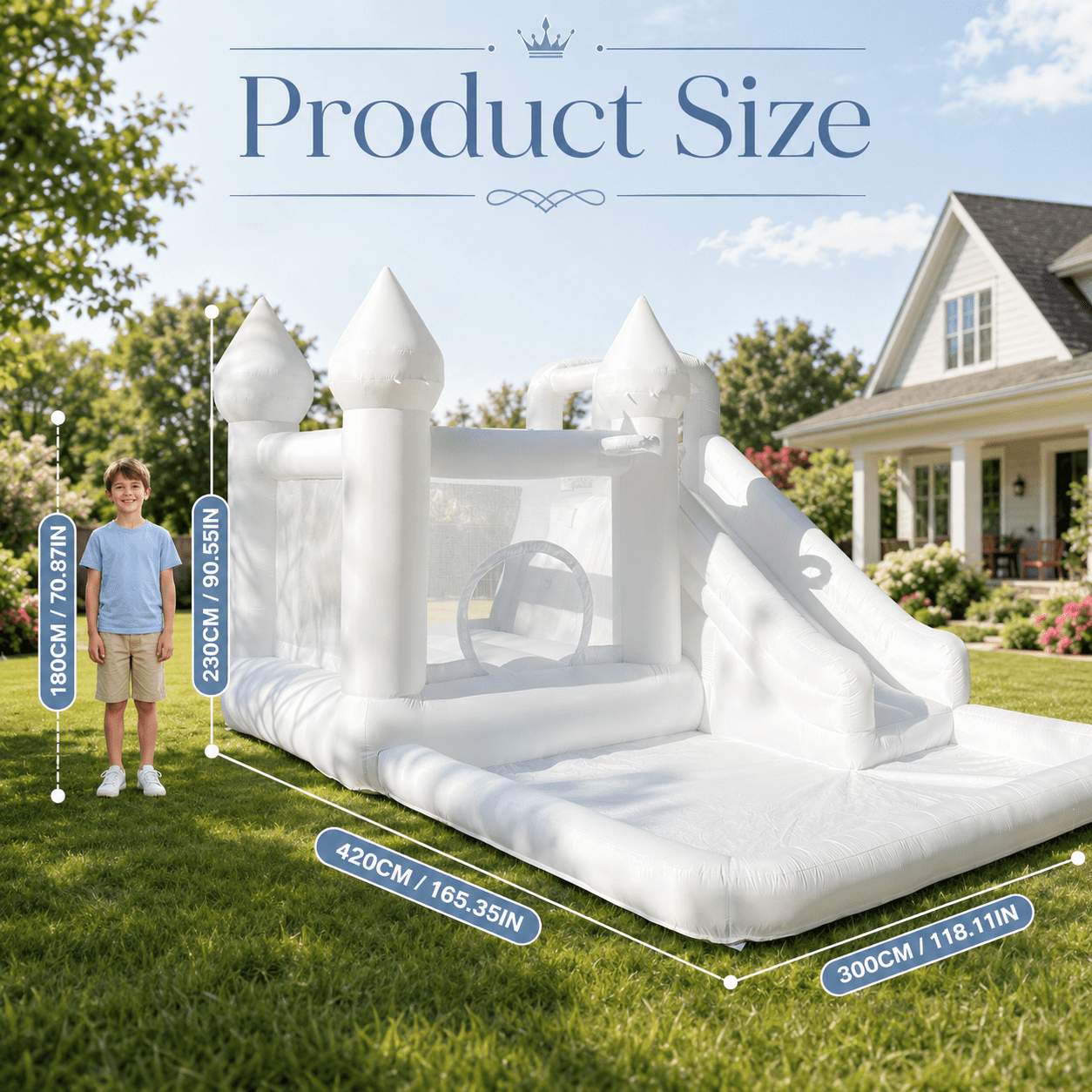 14ft Inflatable Water Slide & Bounce House with Ball Pit and Blower, White Oxford Outdoor Playhouse for Kids