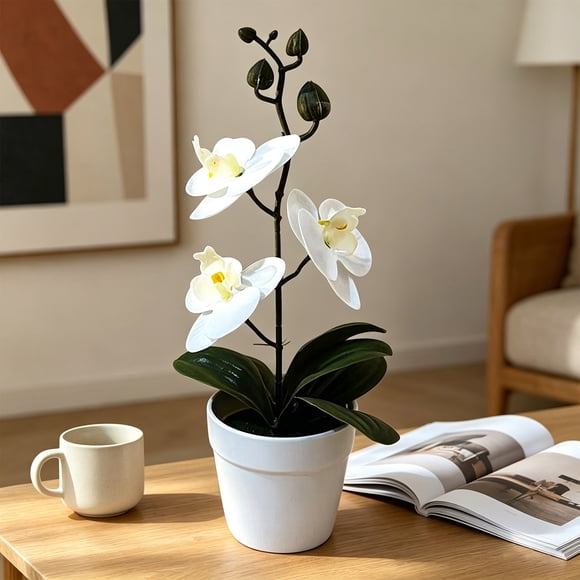 Simulation Three Leaf Orchid Bonsai, Film Like Artificial Flowers Pot Plant for Indoor Home Decoration