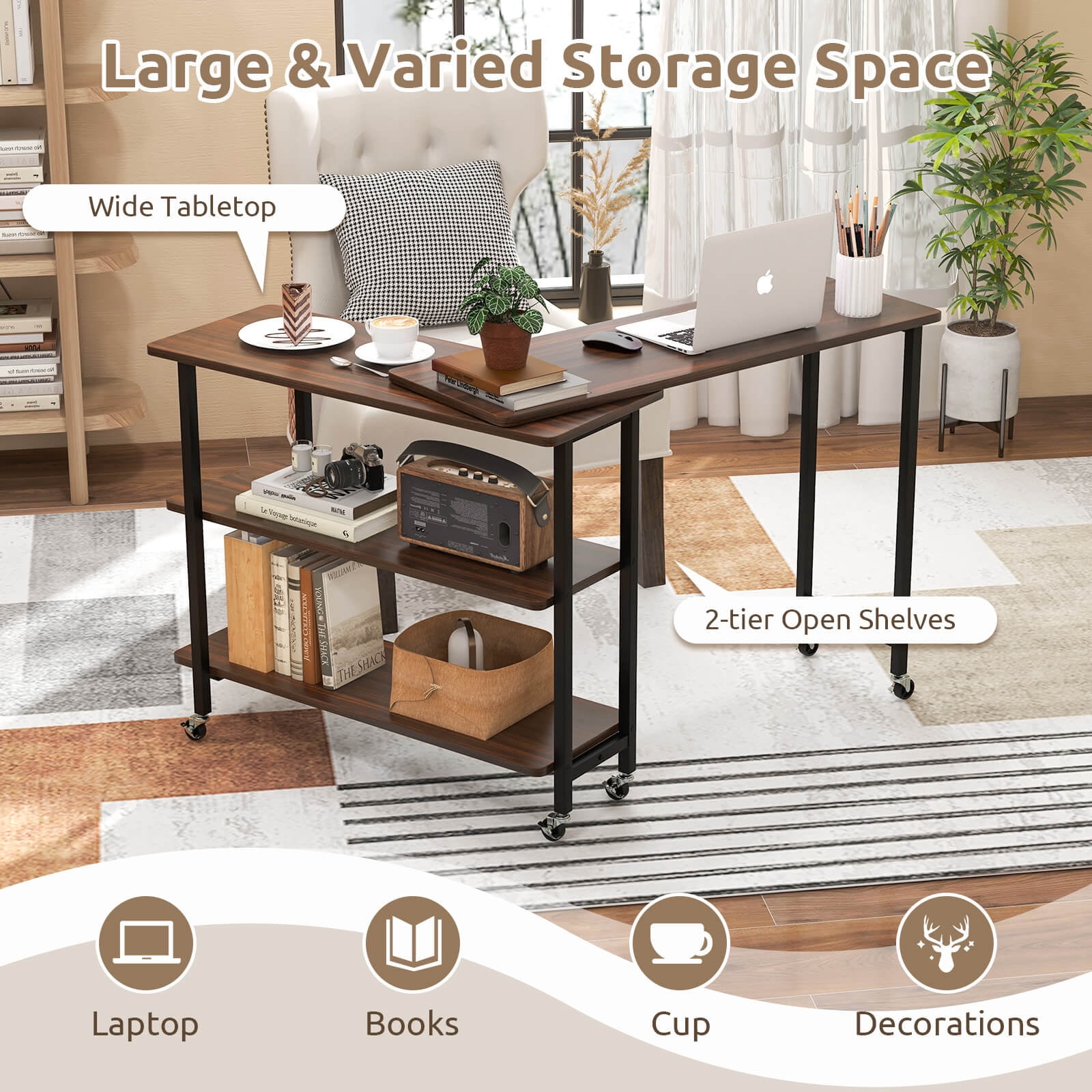 Costway 360° Rotatable Sofa Side Table L-shaped Laptop Desk Snack Table withShelf Patented Walnut