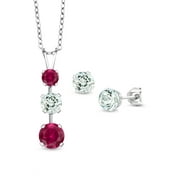 Gem Stone King 925 Sterling Silver Red Created Ruby and Sky Blue Aquamarine Pendant and Earrings Jewelry Set For Women (2.75 Cttw, Gemstone July Birthstone, with 18 inch Chain)