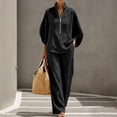 thumbnail image 2 of 2 Piece Outfit for Women Stand Collar Half Zip 3/4 Batwing Sleeve Blouse Matching Wide Leg Pants Solid Linen Look Casual Travel Suit for Spring Summer Vacation Daily Wear, 2 of 5