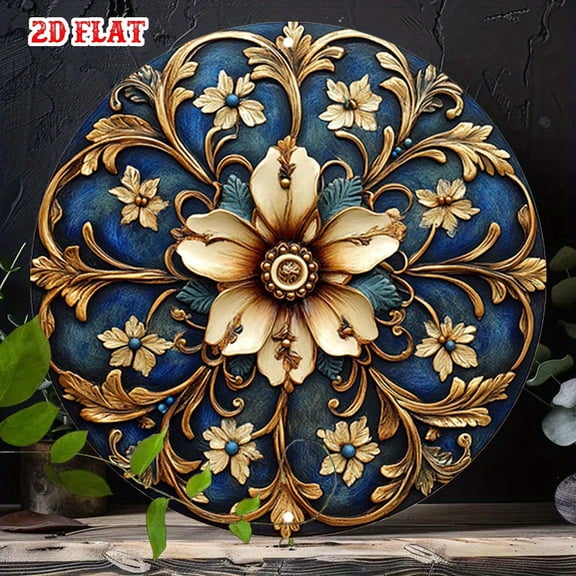 HELLOYOUNG Vintage Metal Wall Art Blue Floral Golden Round Decor, Frameless Aluminum Wall Hanging for Living Room Beach Backyard Patio Garden Home Decoration