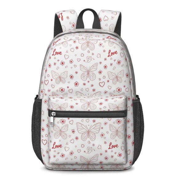 Butterfly Red Pattern Heart Pattern 17" Waterproof Oxford School Backpacks for Teens, S-Shape Padded Straps, for School, Travel, Hiking, Camping