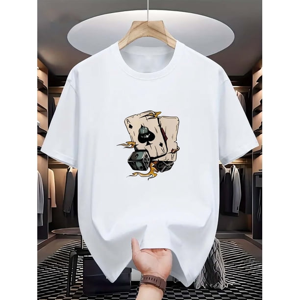 Men'S Casual Crew Neck T-Shirt, 100% Cotton Knit Fabric, Slight Stretch, Texas Hold 'em Print, Summer Fashion Top, Regular Fit, 220gsm - Versatile Everyday Wear