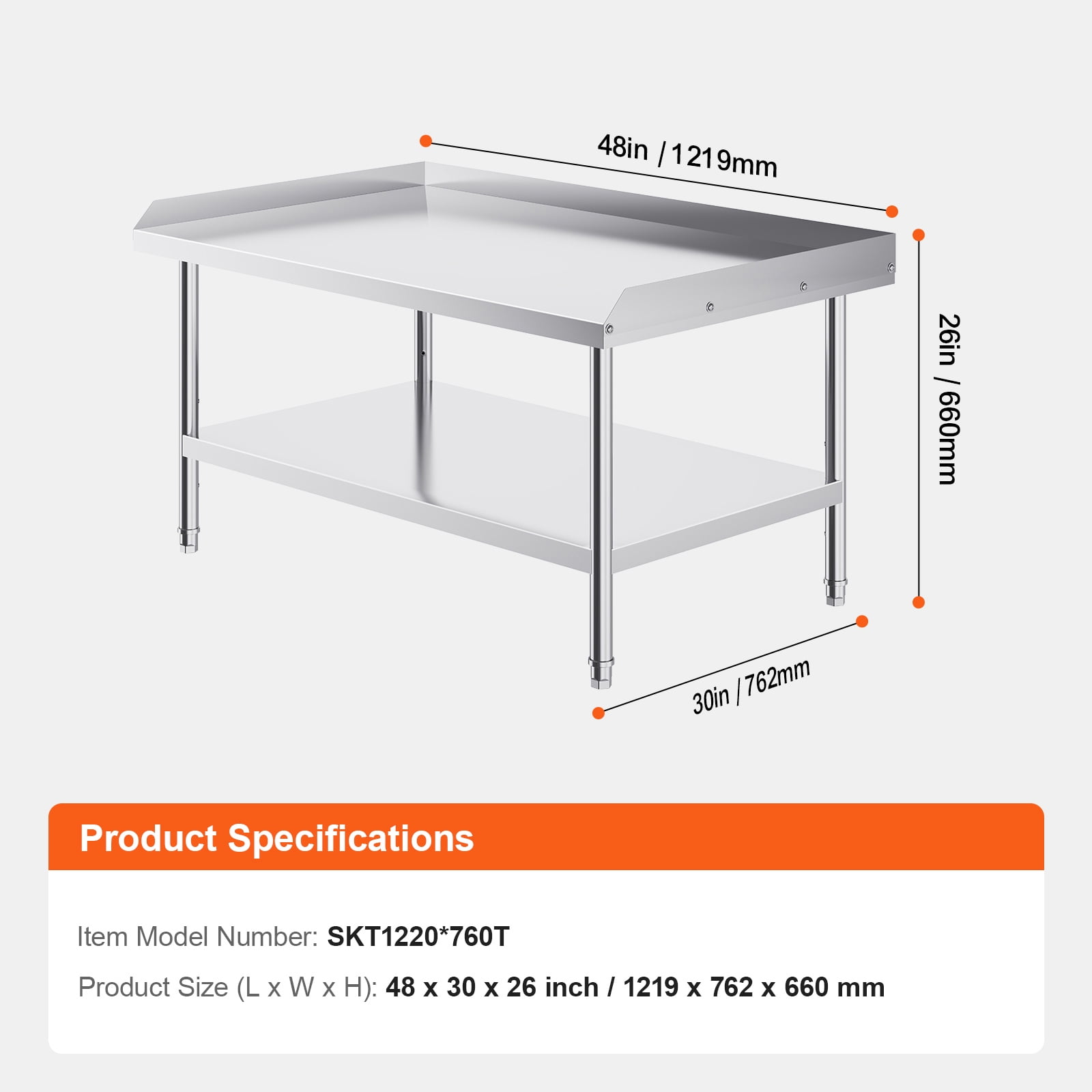 KFFKFF Stainless Steel Work Table, 30 x 48 x 26 Inch Commercial Food Prep Table with 3-Sided Backsplash, Durable Metal Table with Adjustable Height for Kitchen, Restaurant, or Hotel Use