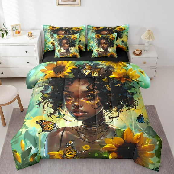 Erosebridal Black Princess Bedding Sets Twin Size, Butterfly Floral Comforter Sets with Sheets, Anime Theme Reversible Bed Set, Breathable Bedroom Decoration, 7pcs