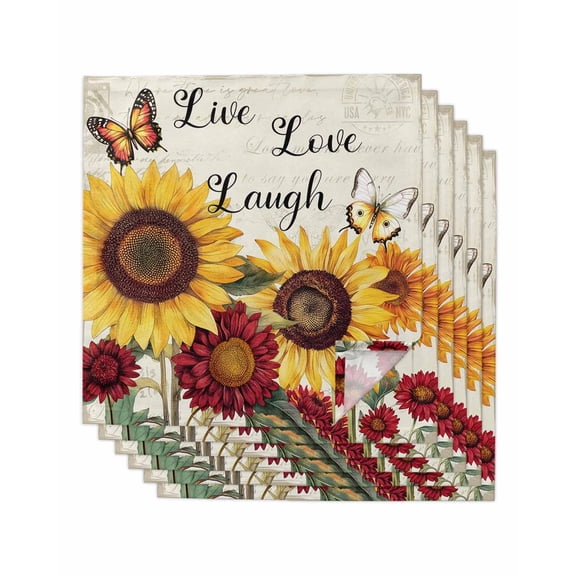 nqOlkjepod Sunflower Vintage Cloth Napkins Set of 6 Reusable Dinner Napkins, Farmhouse Flowers Butterfly Botanical Cocktail Napkin Washable Table Napkins for Wedding/Party/Baby Shower 20"x20"