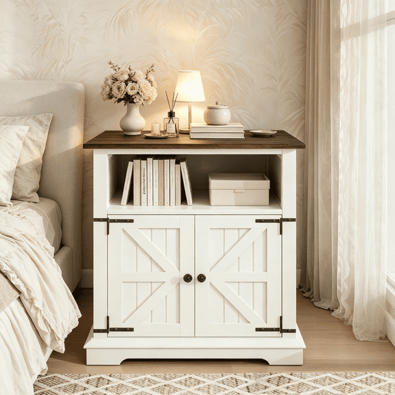 24" Farmhouse End Table with Charging Station, Night Stand with Adjustable Shelf and Open Shelf, Wooden Square Nightstand Bedside Table for Living Room, Bedroom(Antique White)