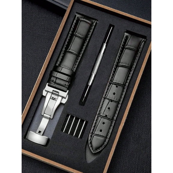 Crocodile Embossed PU Leather Watch Strap Top Watch Band, Soft Replacement Wristband with Gift Box 20mmBlack