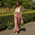 thumbnail image 6 of Women’s Plaid Wide Leg Pants Flared Leg Baggy Drawstring Ruffle Palazzo Pants with Pockets Summer Elastic Waisted Slacks Red M, 6 of 6