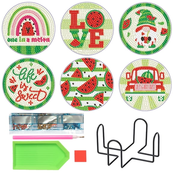 6pcs DIY Diamond Painting Coaster Kit with Watermelon Truck Design and Stand, Perfect for Home Decor and Gift Giving