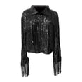 thumbnail image 4 of Chaqueta con flecos de lentejuelas, abrigo de solapa con purpurina de manga larga, cárdigan abierto por delante para vacaciones, festivales de música, negro Yinane Chaqueta de lentejuelas para mujer, 4 of 7