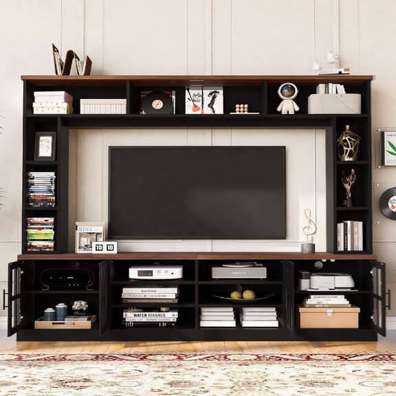 95.5" W Wall Unit Entertainment Center with Bookshelves for TVs up to 80", Modern TV Stand Media Console with Cabinets, Tempered Glass Doors and Adjustable Shelves for Living Room, Black