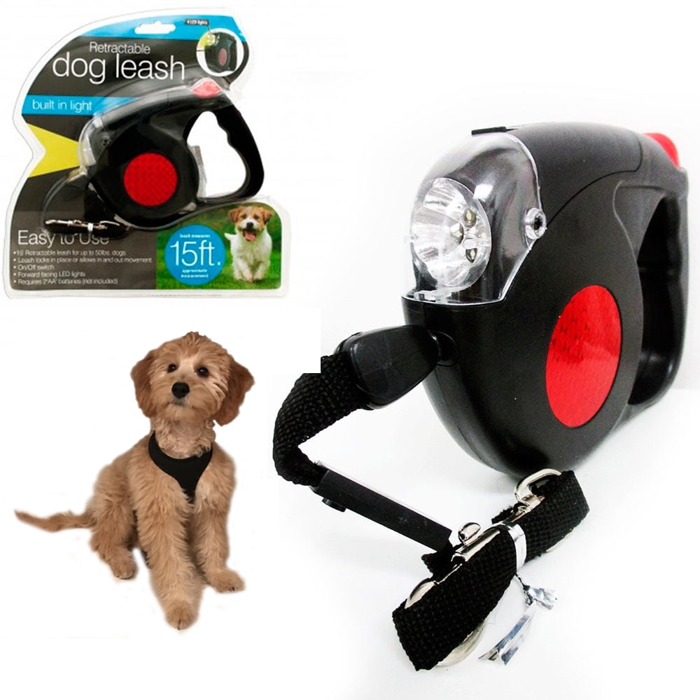 Retractable Dog Leash Black Automatic 15 Feet Long 4 LED Lights Strap