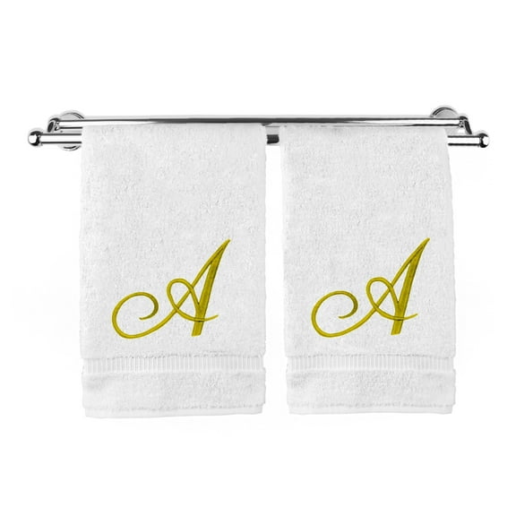 Monogrammed Washcloth Towel, Personalized Gift, 13x13 Inches - Set of 2 - Gold Script Embroidered Towel - Extra Absorbent 100% Turkish Cotton - Soft Terry Finish - Initial A White