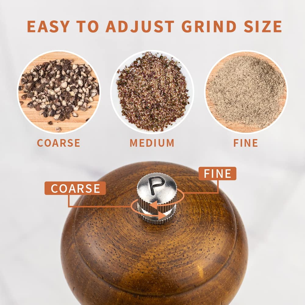 Salt and Pepper Mill Set, Wooden Salt and Pepper Grinders, Shakers with Ceramic Core- 8 Inches -Pack of 2