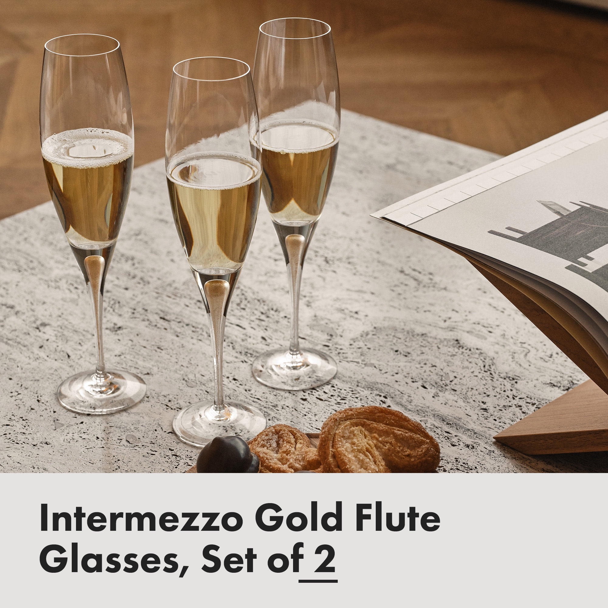 Orrefors Intermezzo Gold Crystal Flute Champagne Glass (Set of Two)