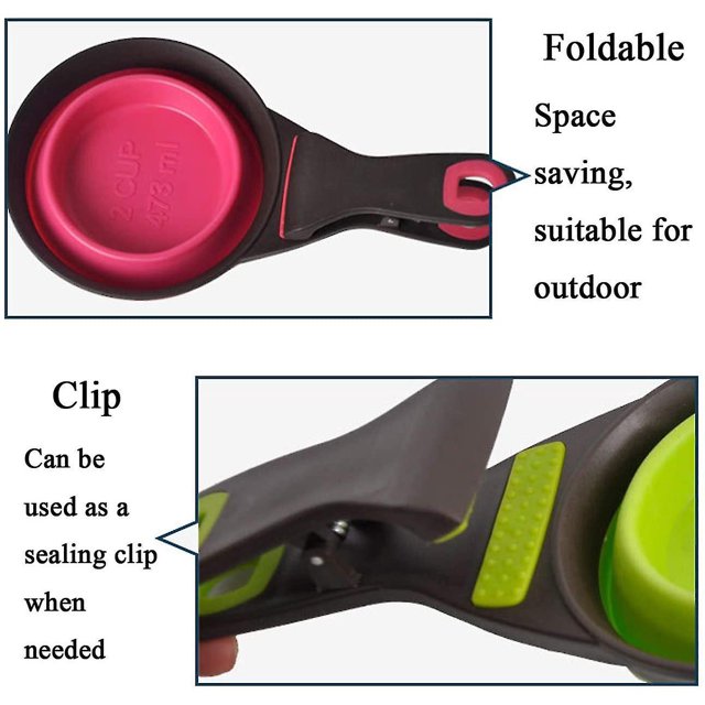 Juego de tazas medidoras de silicona plegables para mascotas, 2 uds., Clip de sellado, juego multifunción 3 en 1 ZefeiWu 8390605386909