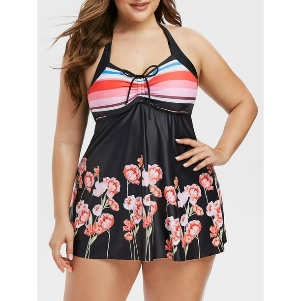 Más el tamaño de impresión de la flor Halter Swimdress cinchado Rosegal Camisetas sin mangas de talla grande