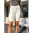 thumbnail image 5 of Women's High Waisted Stretch Denim Bermuda Shorts with Raw Frayed Hem and Contrast Stitching, Off-White Cream Casual Summer Jean Shorts, 5 of 7