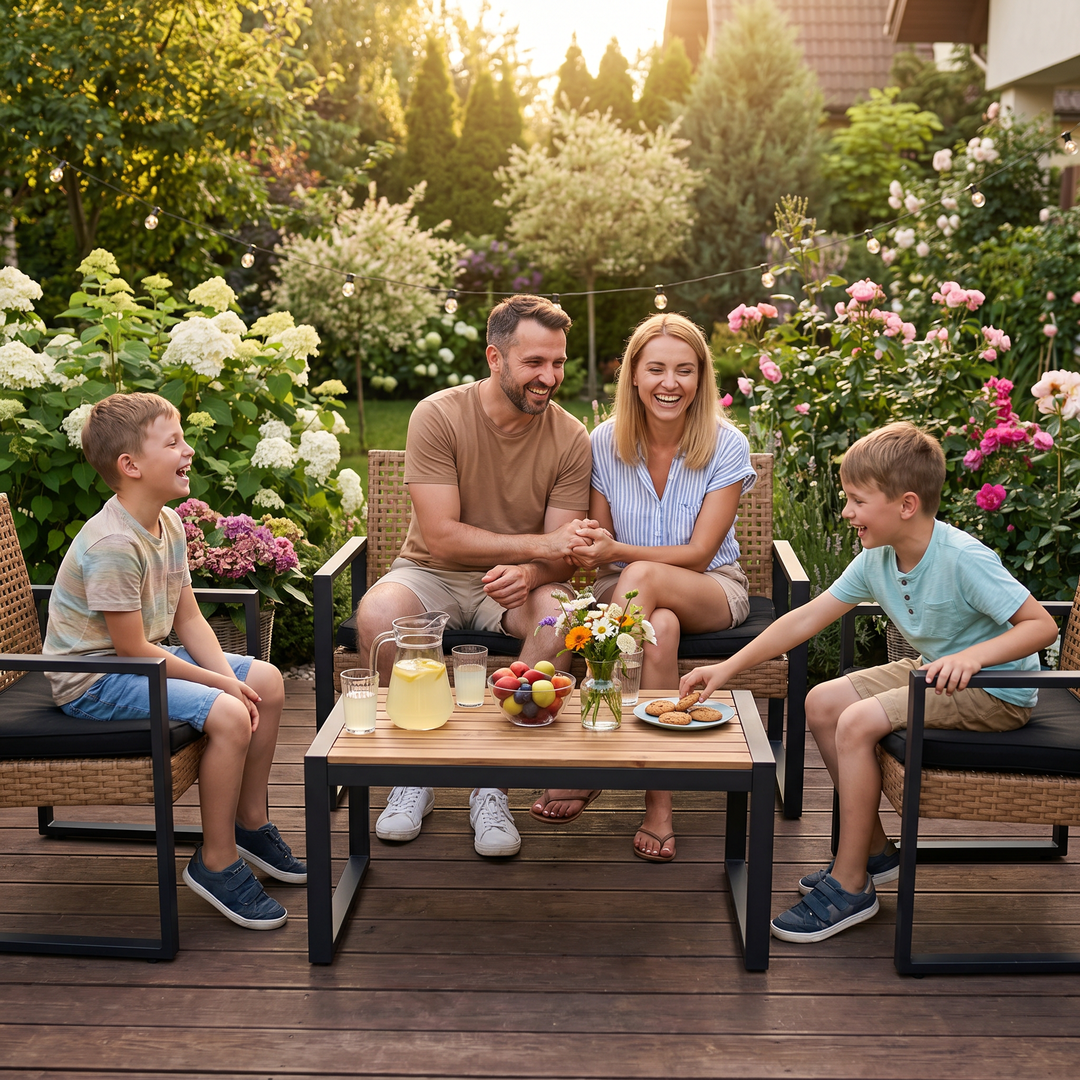 4-Piece Patio Furniture Set, Outdoor Conversation Set with Loveseat, 2 Chairs and Coffee Table, Wicker Patio Set for Porch, Balcony, Backyard, Black/Light Brown