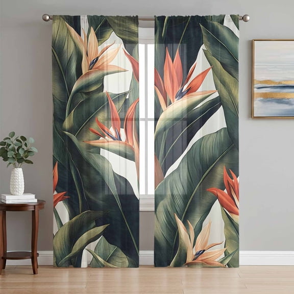 Tropical Plant Sheer Curtains 84 Inch Length 2 Panels Set, Summer Botanical Leaves Floral Country Voile Window Treatment Rod Pocket Curtains Sheers Drapes for Bedroom/Living Room/Kitchen 52"x84"x2