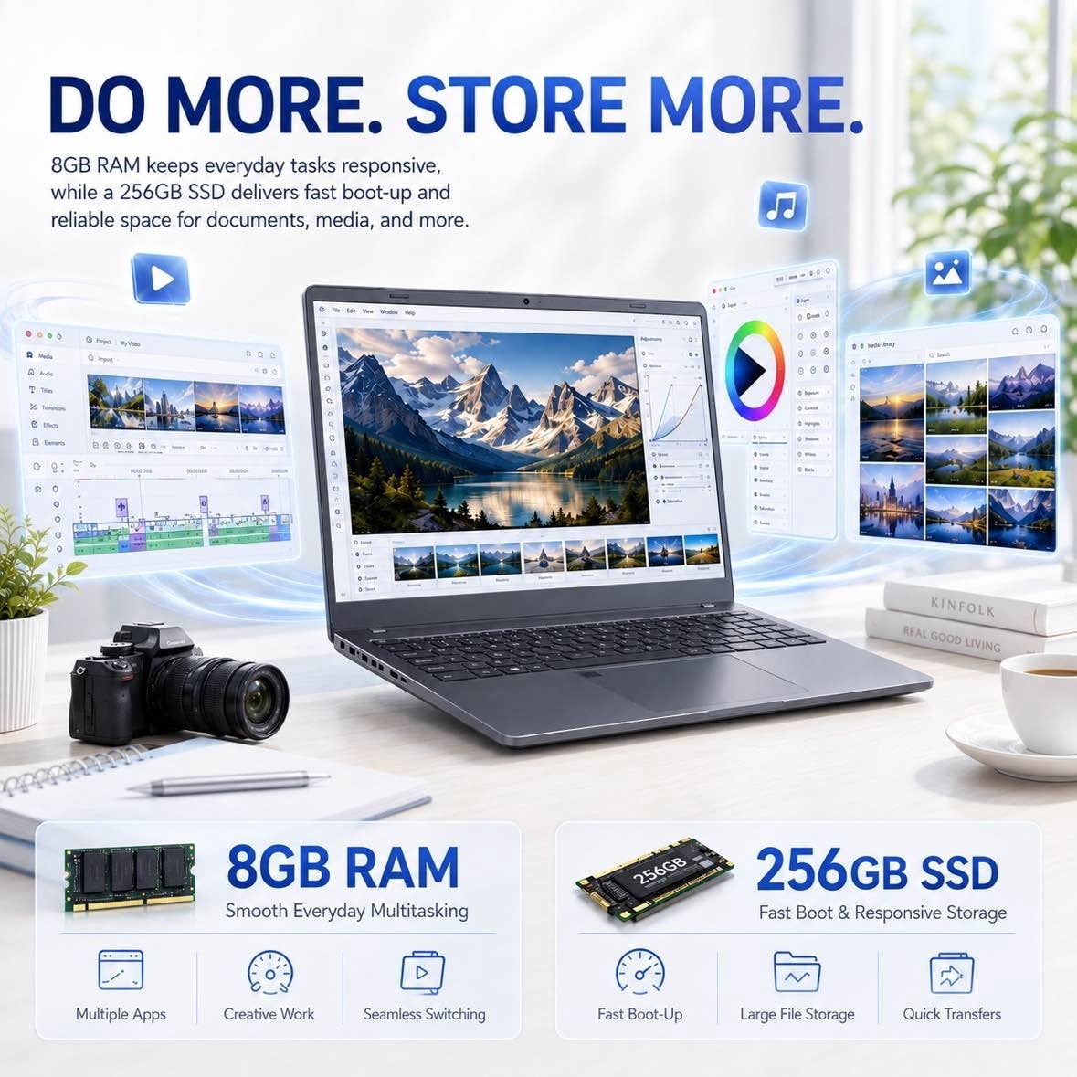 KINOBUC 14" FHD Laptop, Intel 6500Y, 8GB RAM, 256GB SSD, Windows 11, WiFi 5, Bluetooth 5.0, Office Ready, for Student & Home Office, Gray