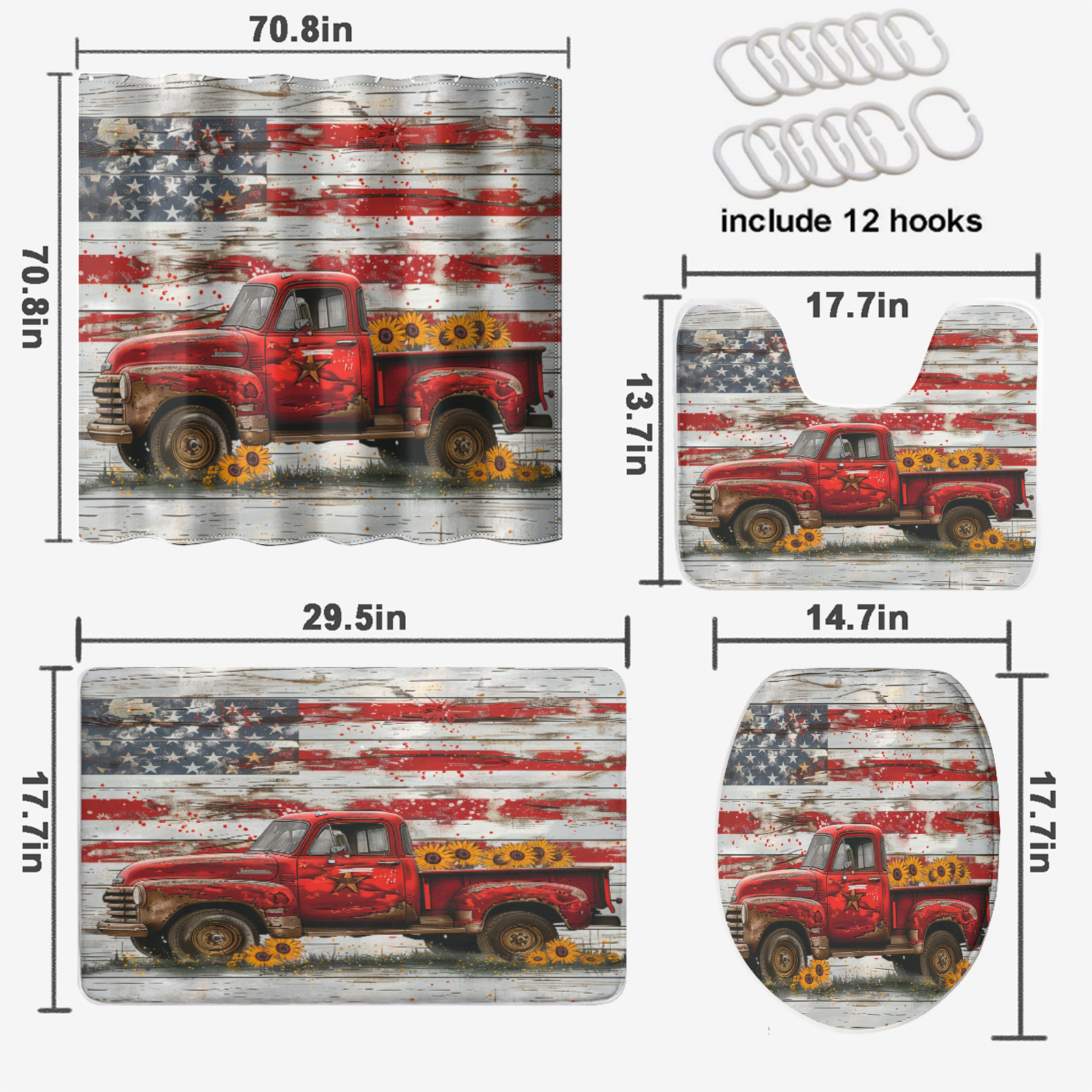 Rustic Framhouse Truck Bathroom Sets with Shower Curtain and Rugs and Accessories Vintage Wooden Board American Flag Bathroom Decor Bath Curtain with Rugs Toilet Lid Cover Bath Mat, 72x72 Inch