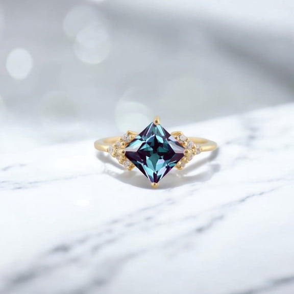 KANISHKAGEMS&JEWELS 7x7 mm / 1.80 Ct Princess Cut Alexandrite Engagement Ring Cluster Diamond Ring June Birthstone Promise Ring Valentine's Day Gift For Her