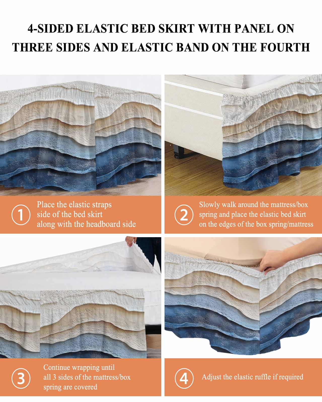 Blue Beige Wrap Around Bed Skirts for Queen Bed 16" Drop, Bed Skirt with Adjustable Elastic Belt Dust Ruffle Bed Valance for Bedroom Hotel Luxury Coastal Wave Modern Abstract Art Bed Frame Cover
