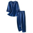thumbnail image 4 of Jinhomg Womens Lace Pajamas Set Trendy 3/4 Sleeve Bowtie V-Neck Pullover Tops and Elastic Waist Pants 2 Piece Lightweight Cozy Loungewear Sleepwear Blue M, 4 of 7