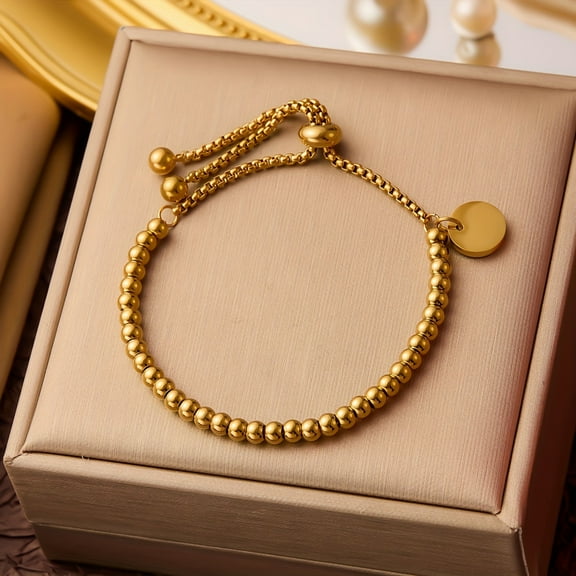 1pc Golden Stainless Steel Jewelry Circular Hanging Tag With Adjustable Round Beads Engraved On The Bracelet. French Sweet And Romantic Style Fashionable Casual Retro Trend Versatile For Women And