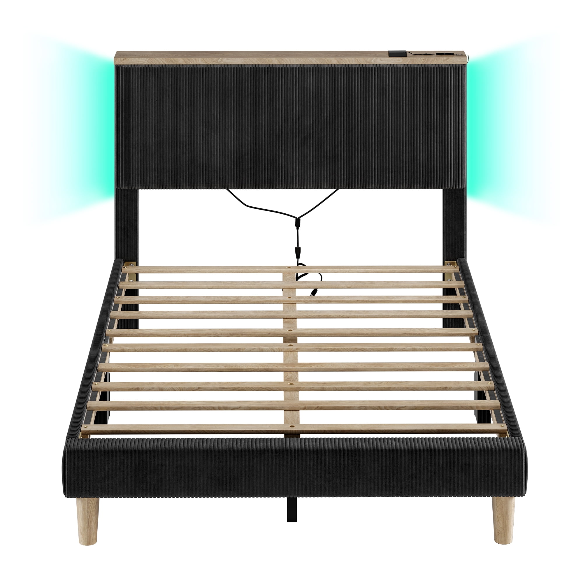 Bestier Full Platform Bed with Adjustable Storage Headboard Shelf, LED Corduroy Upholstered Bed Frame, Black