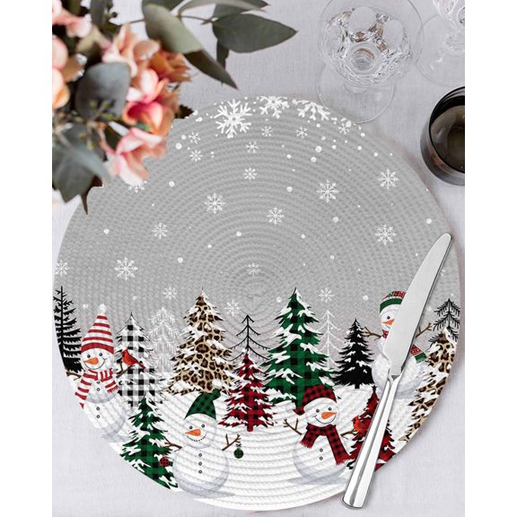13 Inch Round Placemats Set of 4, Grey Christmas Non Slip Heat Insulation PP Table Mats, Snowman Xmas Tree Winter Snowflake Washable Place Mats for Kitchen Dining Party Table Decor