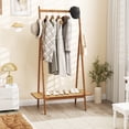thumbnail image 4 of Costway Bamboo Clothes Rack Clothing Rack with Hanging Rod Rattan Shelf & 5 Copper Hooks Coffee, 4 of 10