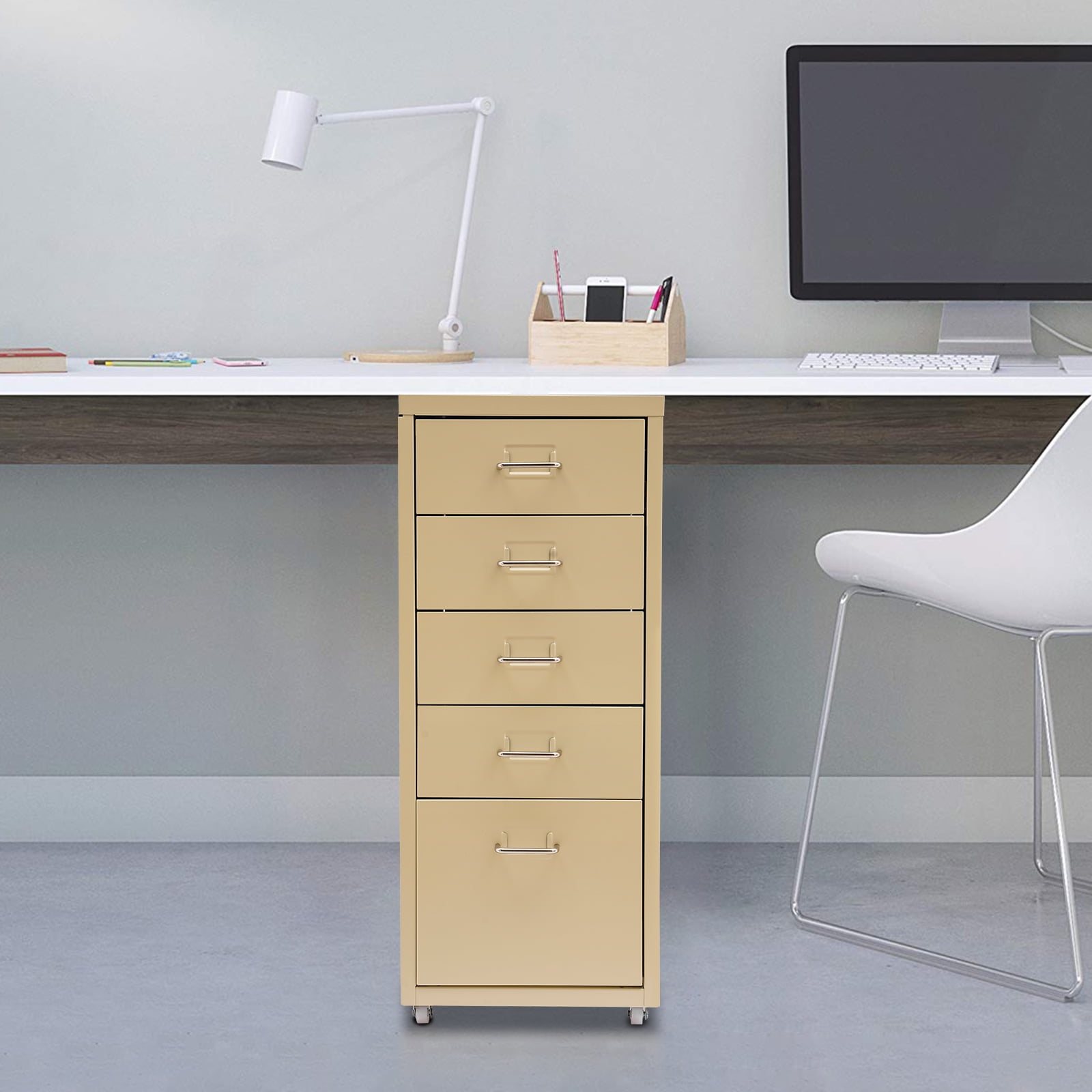 Fichiouy Metal File Storage Cabinet with Rubber Wheels 5-Drawer Storage Cabinet for Home Office 16" D x 11" W x 27" H