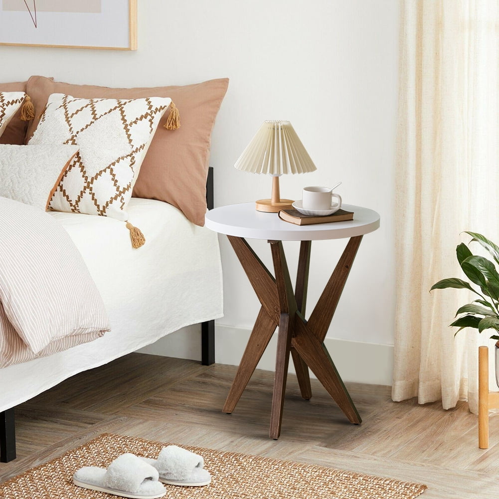 Round End Table 24'' High Side Table with White Top & Cross Legs, Mid Century Modern Accent Bedside Table for Living Room, Balcony, Bedroom or Small Spaces, White Walnut