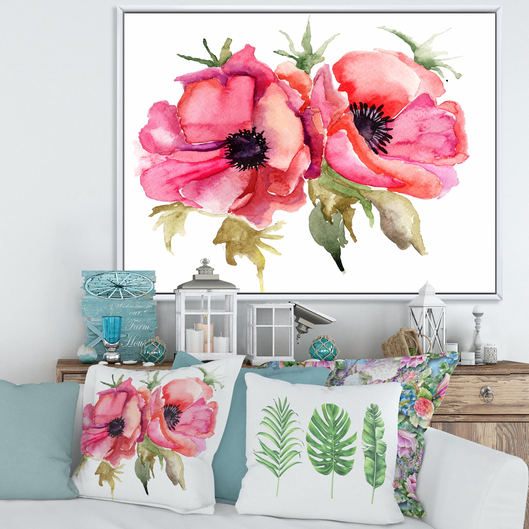 Designart 'Stylized Pink Poppy Flowers' Traditional Framed Canvas Wall Art Print